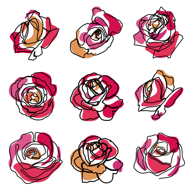 set of one line art of botanical rose flower in minimal design - Vector, Image