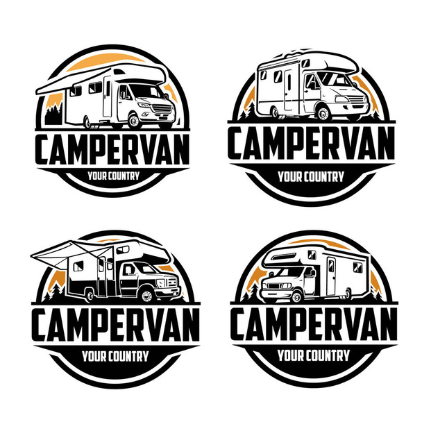 Camper Van Logo Design. Modèle prêt à l'emploi de paquet de camping-car de camping-car de logo d'emblème de cercle - Vecteur, image