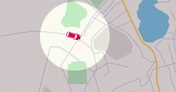 GPS追跡ナビゲーションの概念。GPSナビゲーションシステムをマップします。スマートフォンアプリマップ。シームレスなループだ。前方に移動する赤い車と都市マップの背景の旅行のアプリ画面の4kアニメーション - 映像、動画