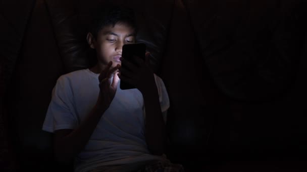  teenage boy sitting on sofa using smart phone at night . - Filmmaterial, Video