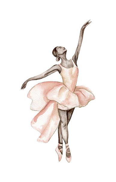 Aquarell tanzende Ballerina mit dunkler Haut und gezeichneten braunen Bindweed-Zweigen, rosa-braune Libelle - Vektor, Bild