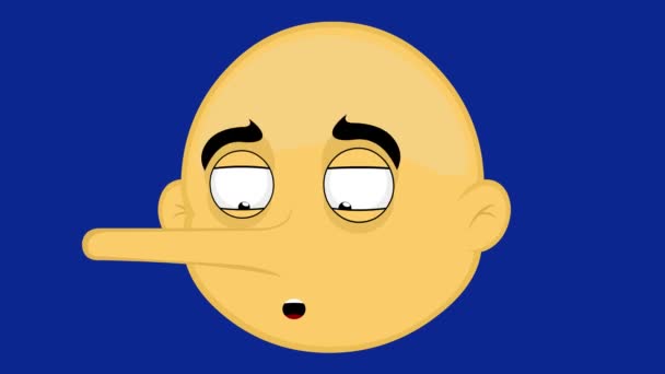 Loop animatie van het gezicht van een geel stripfiguur met groeiende neus, in het concept van een leugenaar. Op een blauwe chroma key achtergrond - Video