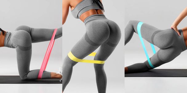 Collage of athletic girl doing exercise for glutes with resistance band. Fitness woman working out - Photo, Image