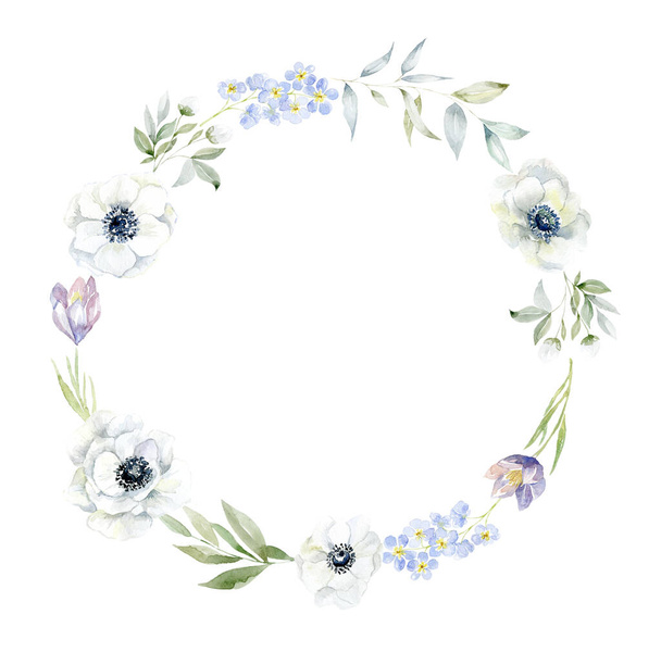 Watercolor wreath with flowers on white background. - Valokuva, kuva