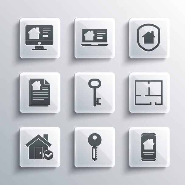 Set House key, Online real estate house, plan, with check mark, contract,  and under protection icon. Vector - Vektor, Bild
