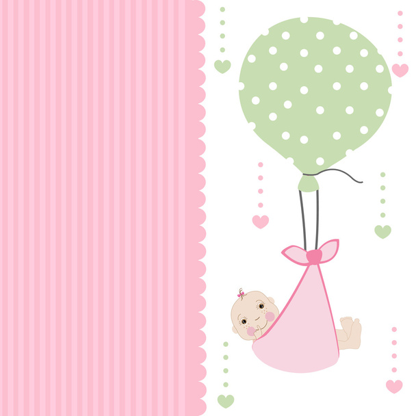 Swaddle baby girl arrival card with balloon greeting vector - Вектор,изображение