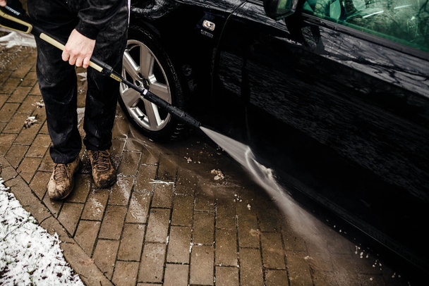 Car Washer Men Holding Karcher Cleaning Doors - Foto, imagen