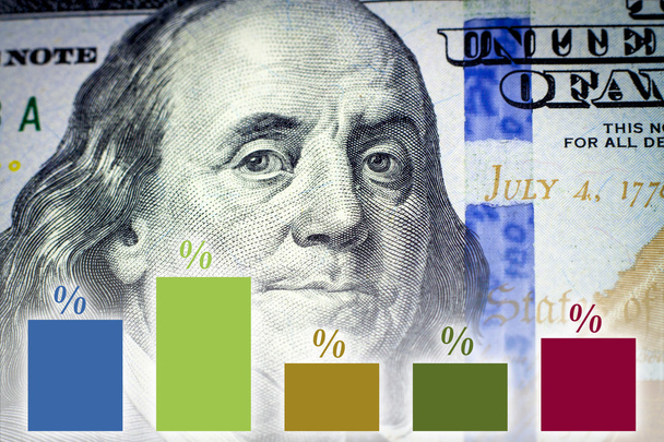 Benjamin Franklinin muotokuva ja taloudellinen kaavio
 - Valokuva, kuva