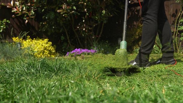 Lawn mower cutting grass. Small Green grass cuttings fly out of lawnmower pushed around by landscaper. Close Up Gardener Man working with mower machine in Garden Outside Sunny Day. Nature Family, Work - Foto, Imagen