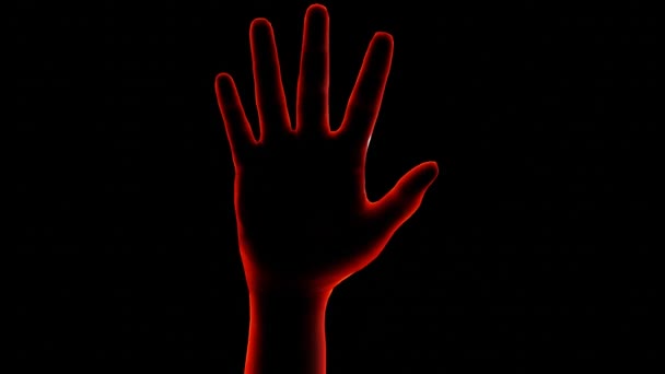 Red-glowing hand waves on a black background, stops on the canvas, a stop gesture. Symbol of the call for help in an accident. 4k resolution banner - Footage, Video
