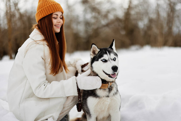 jonge vrouw met husky winter wandeling buiten vriendschap Lifestyle. Hoge kwaliteit foto - Foto, afbeelding