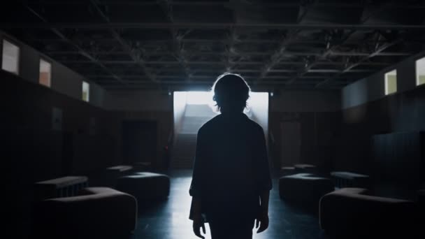 孤独な少年のシルエットだけで暗い空の廊下を歩く。紛争の後に隠れてホールに行くいじめ被害者の10代を動揺バックビュー。落ち込んでいる子供の小学校。孤独の概念. - 映像、動画