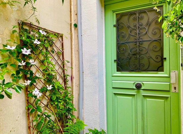 Okno s květinami na krásné zelené ulici rue de Termopyles v Paříži '14 arrondissement - Fotografie, Obrázek