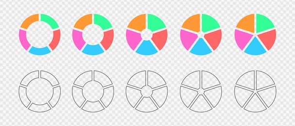 Ronde vormen in zes gelijke delen gesneden. Donut grafieken ingesteld. Infografische wielen verdeeld in 6 veelkleurige en grafische secties. Cirkeldiagrammen in platte en grafische stijl. Vectorillustratie - Vector, afbeelding