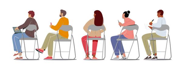 Сидячі люди заднього виду, молоді чоловіки та жінки символи сидять на стільцях в ряд, студенти заднього виду, учасники курсів. Університетські та коледжні стипендії, бізнесмени. Мультфільм Векторні ілюстрації
 - Вектор, зображення
