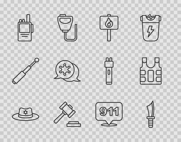 Set line Sheriff hat with badge, Military knife, Protest, Judge gavel, Walkie talkie, Hexagram sheriff, Telephone call 911 and Bulletproof vest icon. Vector - Vettoriali, immagini