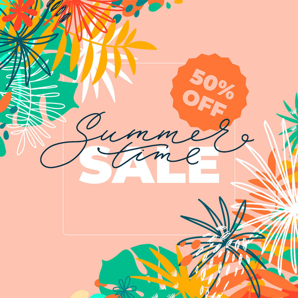 Summer time special offer horizontal banner with tropical leaves and flat elements. Vector template for sales, promo, ads. Bright floral vector illustration with text blocks - Vektör, Görsel