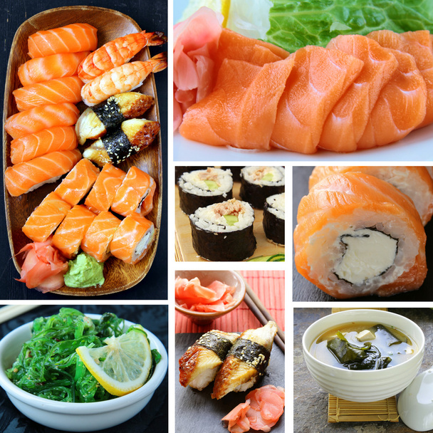 Collage-Menü der japanischen Küche - Misosuppe, Sushi, Sashimi, Semmeln, Salatchuka - Foto, Bild
