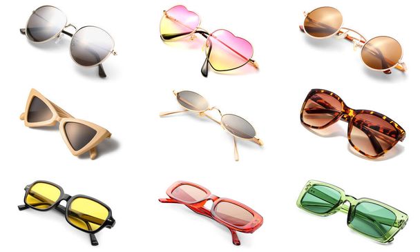 Set of different stylish sunglasses isolated on white - Foto, afbeelding