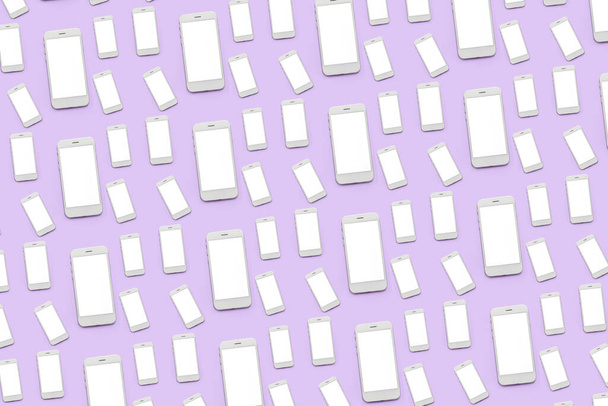 Viele Smartphones mit leeren Bildschirmen auf fliederfarbenem Hintergrund. Muster für die Gestaltung - Foto, Bild
