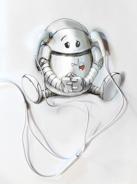 Раскрашенный робот слушает музыку в реалистичных наушниках
 - Фото, изображение