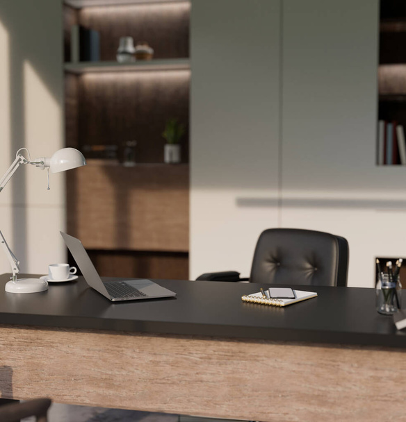 Modernes CEO Private Office Interior Design mit Laptop, Tischleuchte, Kaffeetasse, Smartphone und Accessoires auf dunkler Holztischplatte, modernem Bürostuhl aus schwarzem Leder. 3D-Darstellung, 3D-Illustration - Foto, Bild