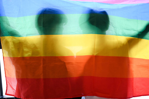 Two gay men friends holding a LGBT flag. LGBT rainbow flag with human shadow.  LGBT pride parade. - Photo, Image