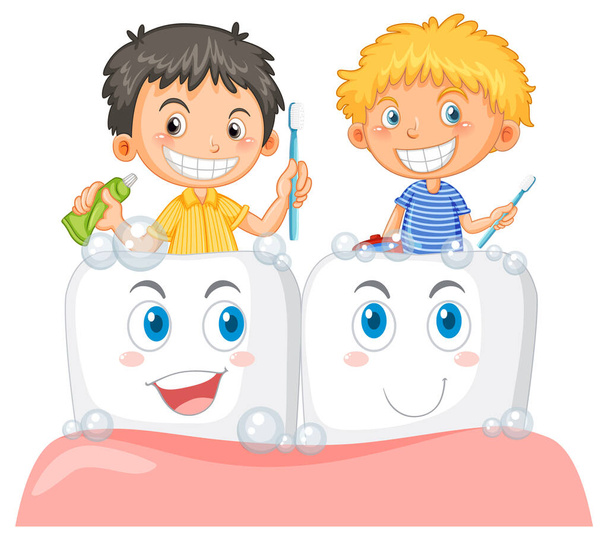 Groep kinderen schoonmaken tanden illustratie - Vector, afbeelding