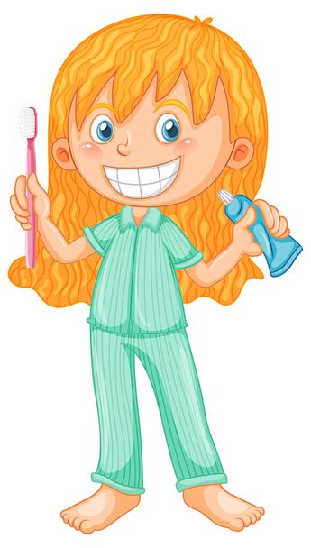 Chica en pijama sosteniendo cepillo de dientes y pasta de dientes ilustración - Vector, imagen
