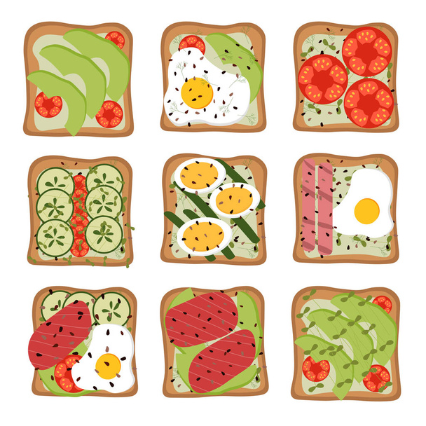 Set von Vektor Toasts und Sandwiches. Brotscheiben mit Ei, Avocado, Fisch, Gurken, Tomaten. Vektorabbildung in Kraft flach - Vektor, Bild