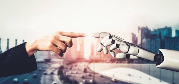 3D рендеринг искусственного интеллекта ИИ исследование робота-дроида и развитие киборга для будущего людей, живущих. Цифровой анализ данных и разработка технологий машинного обучения для компьютерного мозга. - Фото, изображение