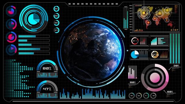 Diseño de pantalla frontal de VR futurista con gráficos de renderizado 3D de red global orbital. Elemento HUD que contiene un círculo abstracto y analítico de big data presentado en tecnología GUI digital . - Foto, imagen
