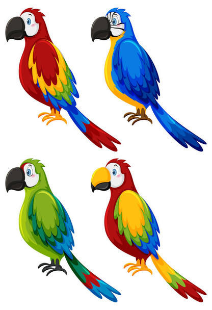 Set di diversi uccelli pappagallo in stile cartone animato illustrazione - Vettoriali, immagini