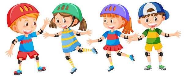 Niños en patines en línea ilustración de dibujos animados - Vector, imagen