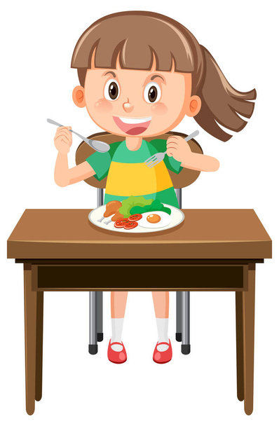 Happy girl eating healthy breakfast illustration - Vector, Image