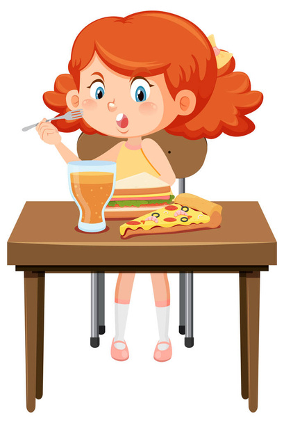 Щаслива дівчина насолоджується їжею на ілюстрації столу
 - Вектор, зображення