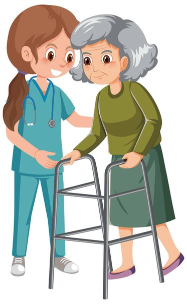Пожилая женщина с иллюстрацией ходунков и медсестер - Вектор,изображение