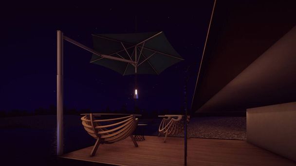 fotel i stolik kawowy na pokładzie na brzegu rzeki w świetle wieczornym na tle gwiazd lasu 3d ilustracja - Zdjęcie, obraz