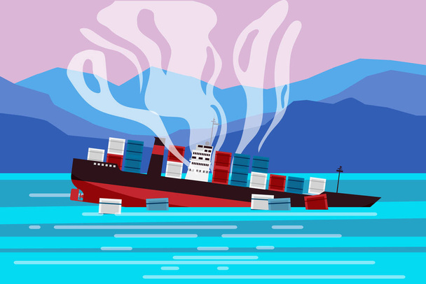 Zřícenina lodi nákladu v oceánu, loď plující pod vodou a nákladní kontejnery. Námořní dopravní nehoda, kreslená vektorová ilustrace - Vektor, obrázek