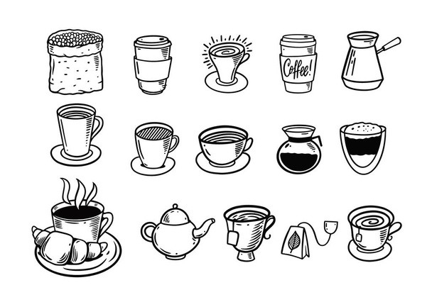 Hand drawn coffee doodles set. Black color sketch vector illustration isolated on white background. - Vector, Image