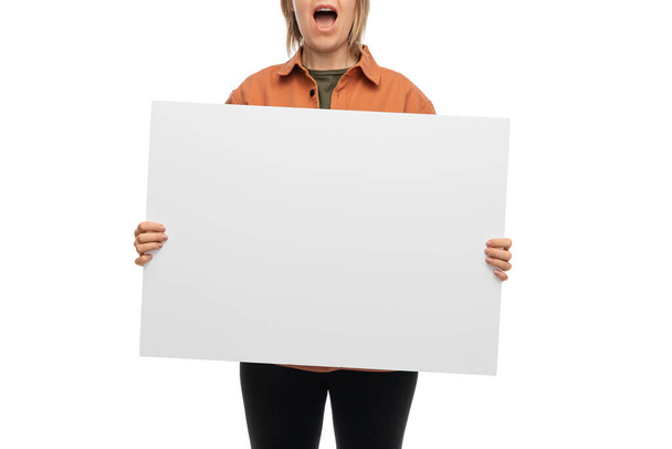 feminism and human rights concept - screaming woman with poster protesting on demonstration over white background - Photo, image