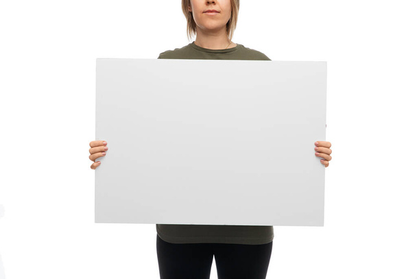 feminism and human rights concept - woman with poster protesting on demonstration over white background - Φωτογραφία, εικόνα