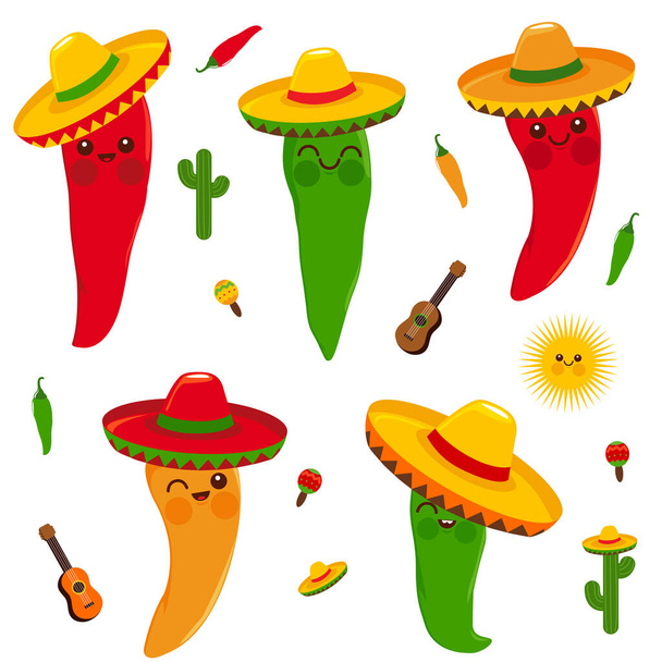 Cute Mexican mariachi chili pepper characters with sombreros. Vector illustration - Vettoriali, immagini