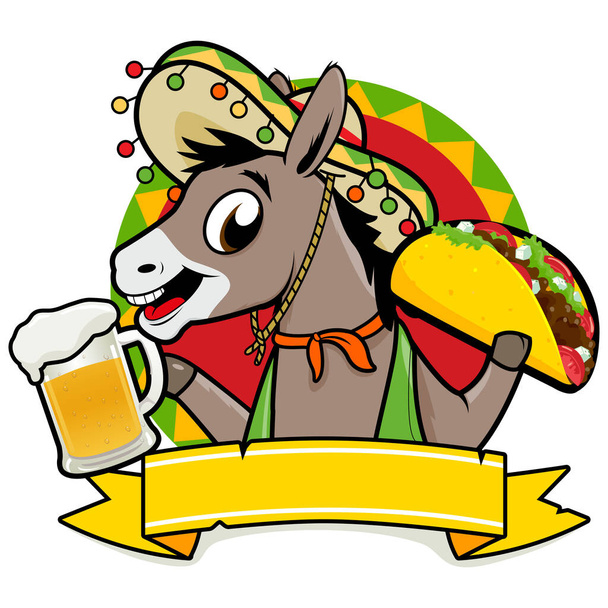 Mexican donkey serving tacos and beer. Vector illustration - Вектор,изображение