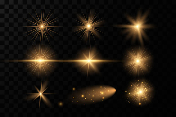 Shining golden stars isolated on black background. Effects, glare, lines, glitter, explosion, golden light. Vector illustration - Photo, Image