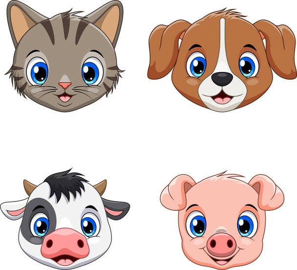 かわいい動物の顔のコレクションセット。猫、犬、牛、豚 - ベクター画像