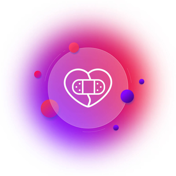 Broken heart line icon. Adhesive plaster, feelings, emotions, psychotherapy, treatment, depression, healing. Relationship concept. Glassmorphism style. Vector line icon for Business and Advertising. - Vector, Image