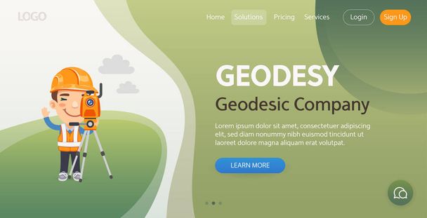 Πρότυπο ιστοσελίδας της Geodesic Company. Απεικόνιση ενός τοπογράφου γης κινουμένων σχεδίων που μετρά την τοπογραφία της περιοχής. Σύνθεση με επαγγελματία. Επίπεδο αρσενικό χαρακτήρα. - Διάνυσμα, εικόνα