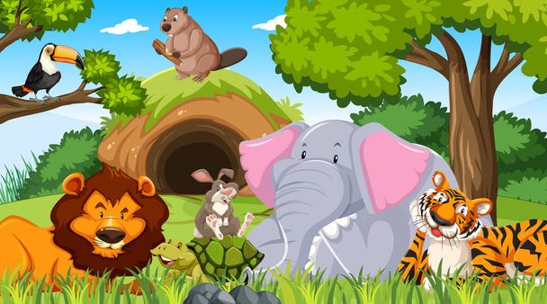 Wild animals cartoon characters in the forest scene illustration - ベクター画像