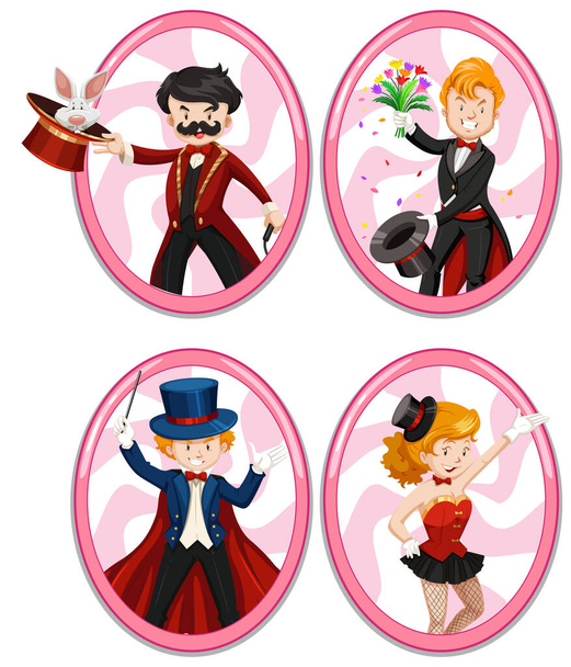 Set van verschillende goochelaars cartoon karakter illustratie - Vector, afbeelding